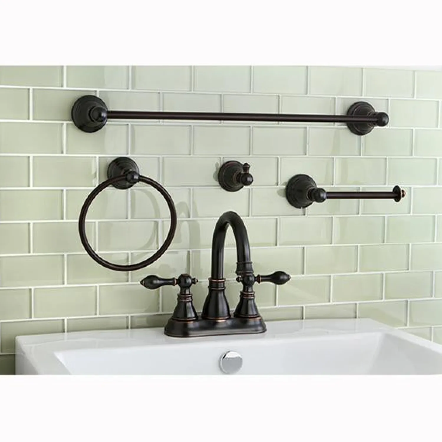 Outlet American Classic 4" Centerset Lavatory Faucet with Bathroom Accessory Package in Naples Bronze 4" Center Set