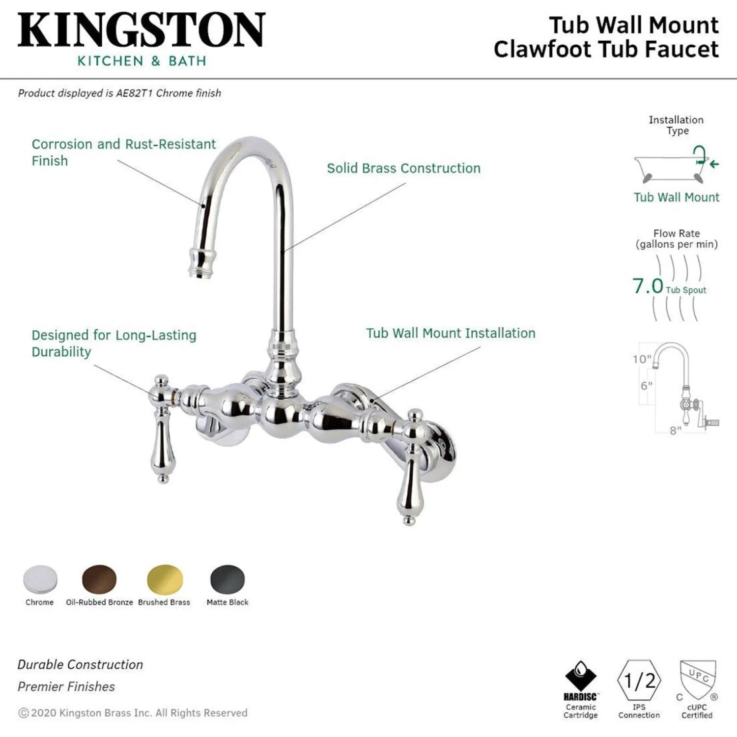 New Aqua Vintage AE81TX-P Adjustable Center Wall Mount Tub Faucet Tub Faucets