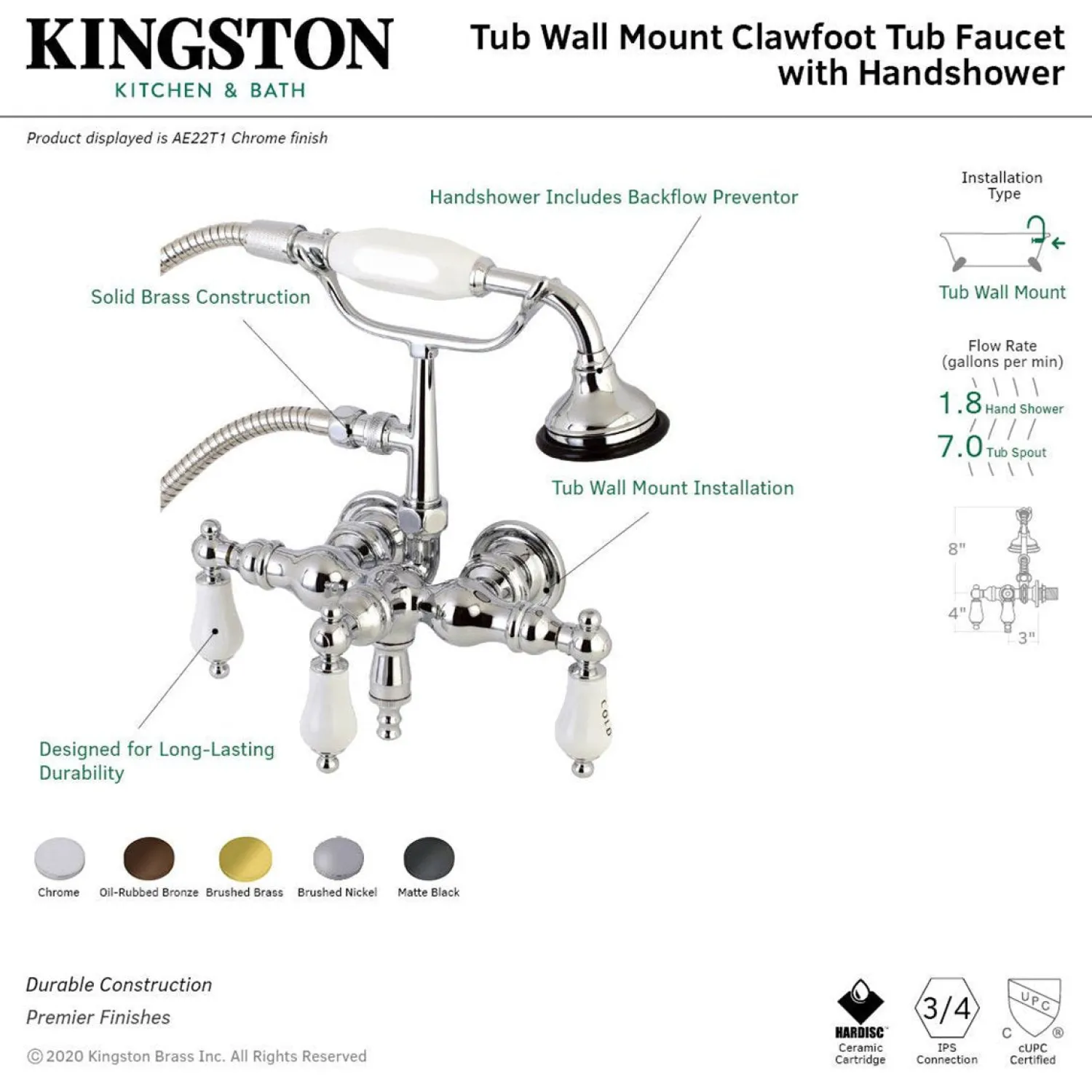 New Aqua Vintage AE21TX-P 3-3/8-Inch Wall Mount Tub Faucet with Hand Shower Tub Faucets