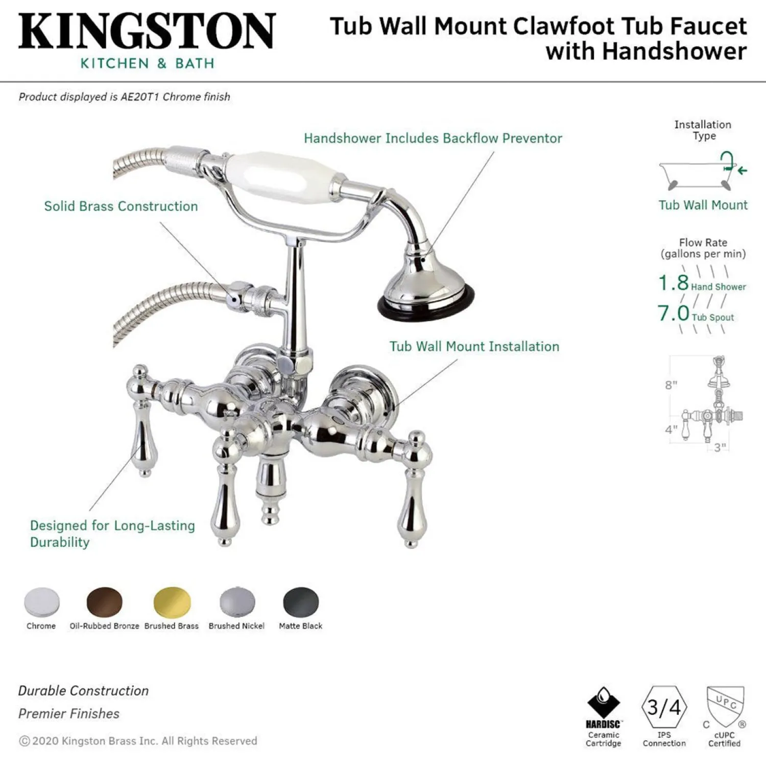New Aqua Vintage AE19TX-P 3-3/8-Inch Wall Mount Tub Faucet with Hand Shower Tub Faucets