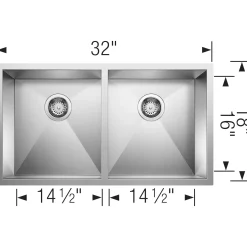 Outlet 32" Quatrus Zero Radius Equal Double Bowl Kitchen Sink Stainless Steel Sinks|Double Bowl Sinks
