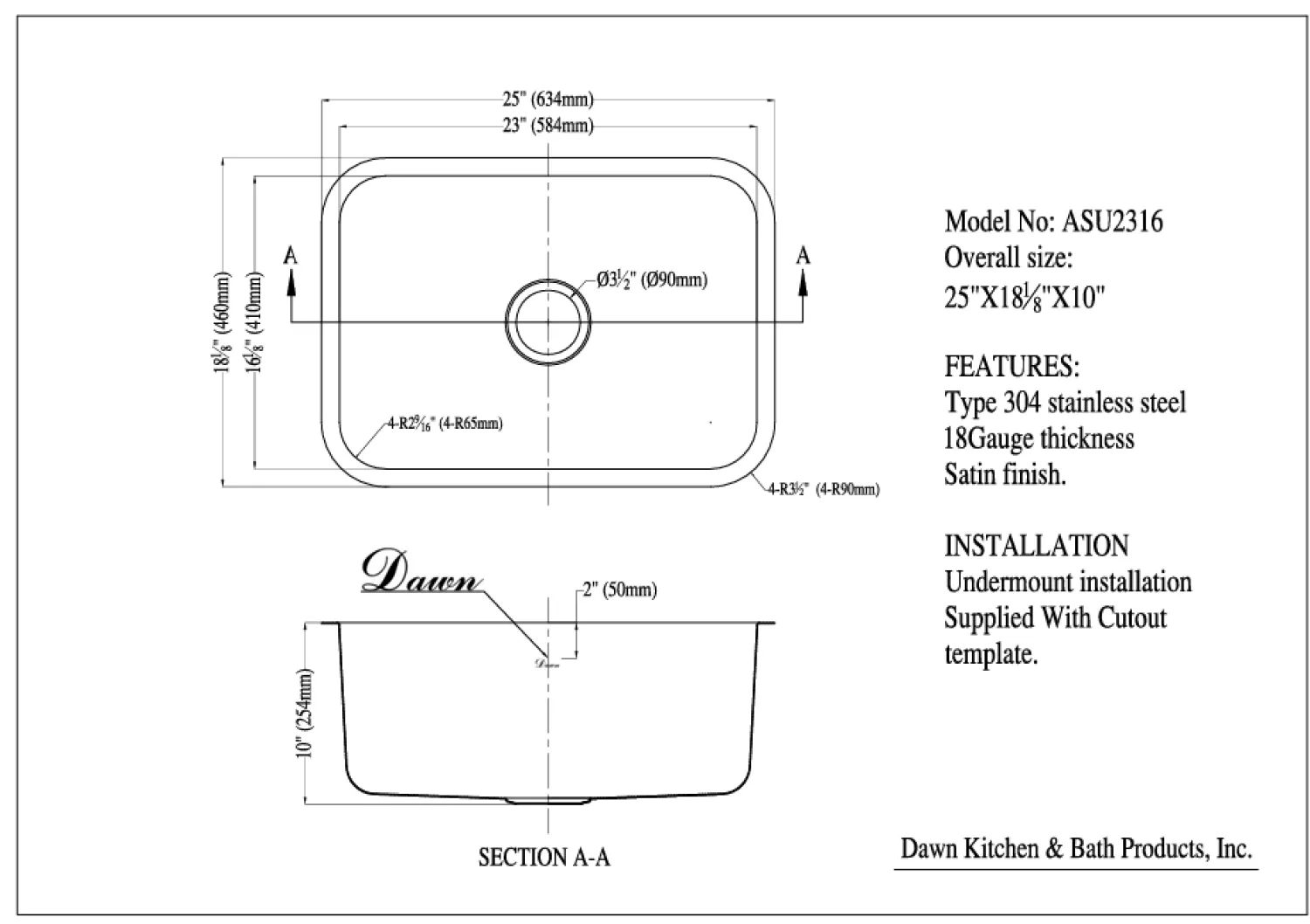 Discount Dawn ASU2316 Single Bowl 25" Undermount Stainless Steel Kitchen Sink Stainless Steel Sinks|Single Bowl Sinks
