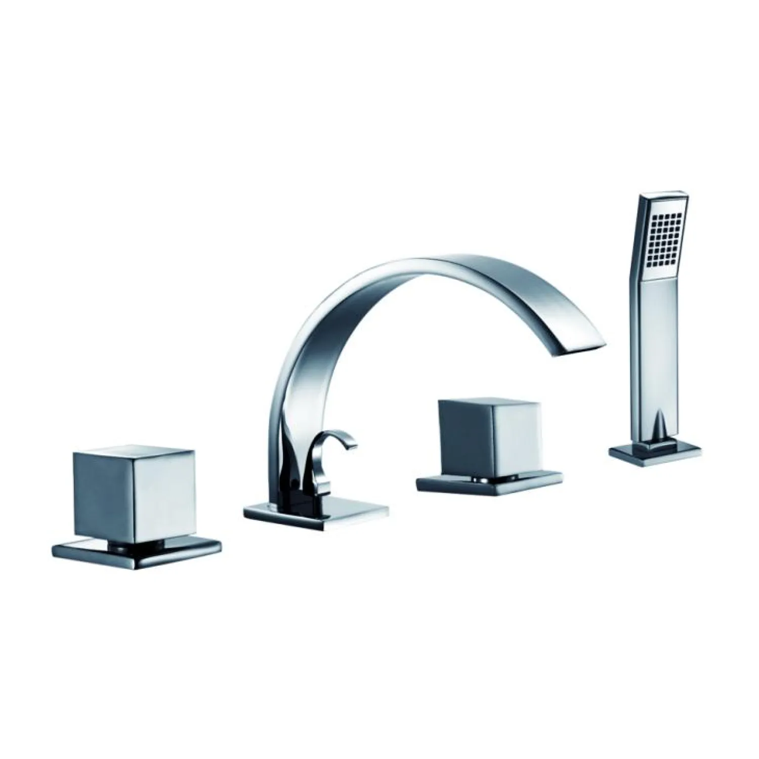 New Dawn 4-Hole Tub Filler with Personal Handshower, Square Handles and Sheetflow Spout Tub Faucets