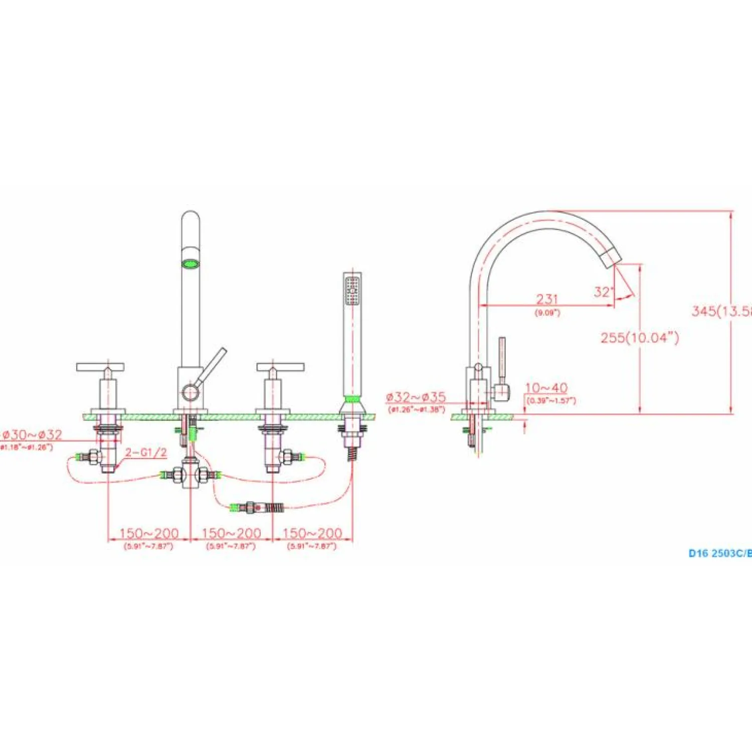 Dawn 4-Hole Tub Filler with Personal Handshower and Lever Handles in Chrome Tub Faucets
