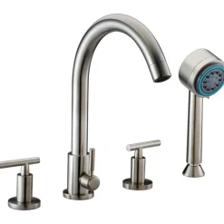 New Dawn 4-Hole Tub Filler with Personal Handshower and Lever Handles in Brushed Nickel Tub Faucets