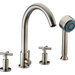 Hot Dawn 4-Hole Tub Filler with Personal Handshower and Cross Handles in Brushed Nickel Tub Faucets