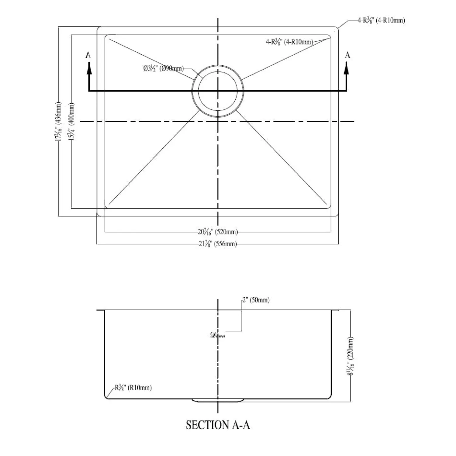 Online Dawn XSR201609 Undermount Extra Small Corner Radius Single Bowl Stainless Steel Sinks|Single Bowl Sinks