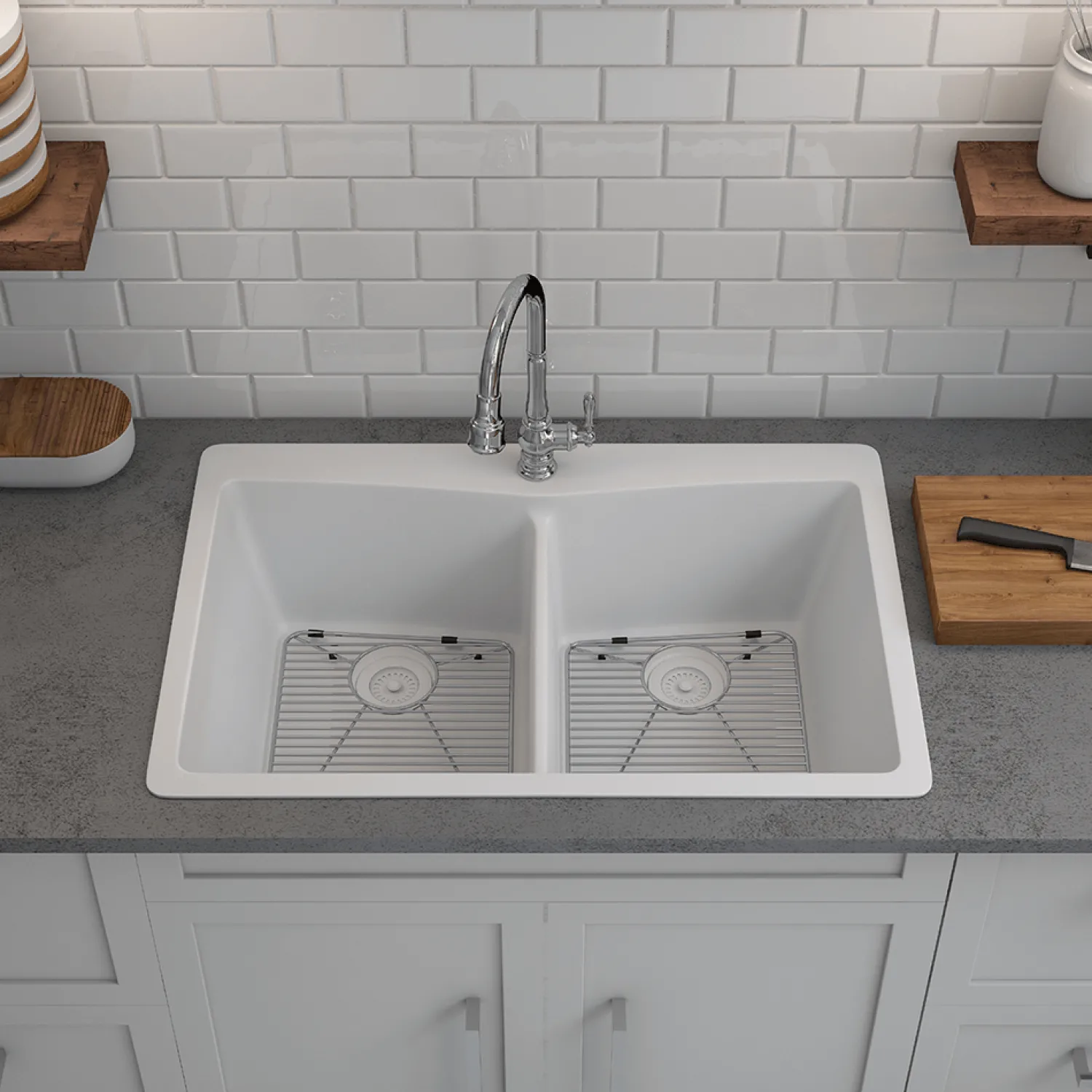 Best 33" Double Bowl 50/50 Dual Mount Quartz Composite Sink Drop-In / Top Mount Sinks|Double Bowl Sinks