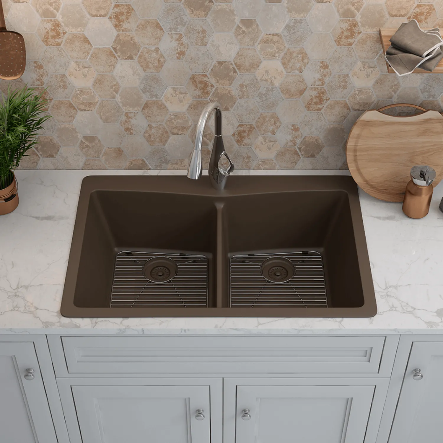 Best 33" Double Bowl 50/50 Dual Mount Quartz Composite Sink Drop-In / Top Mount Sinks|Double Bowl Sinks