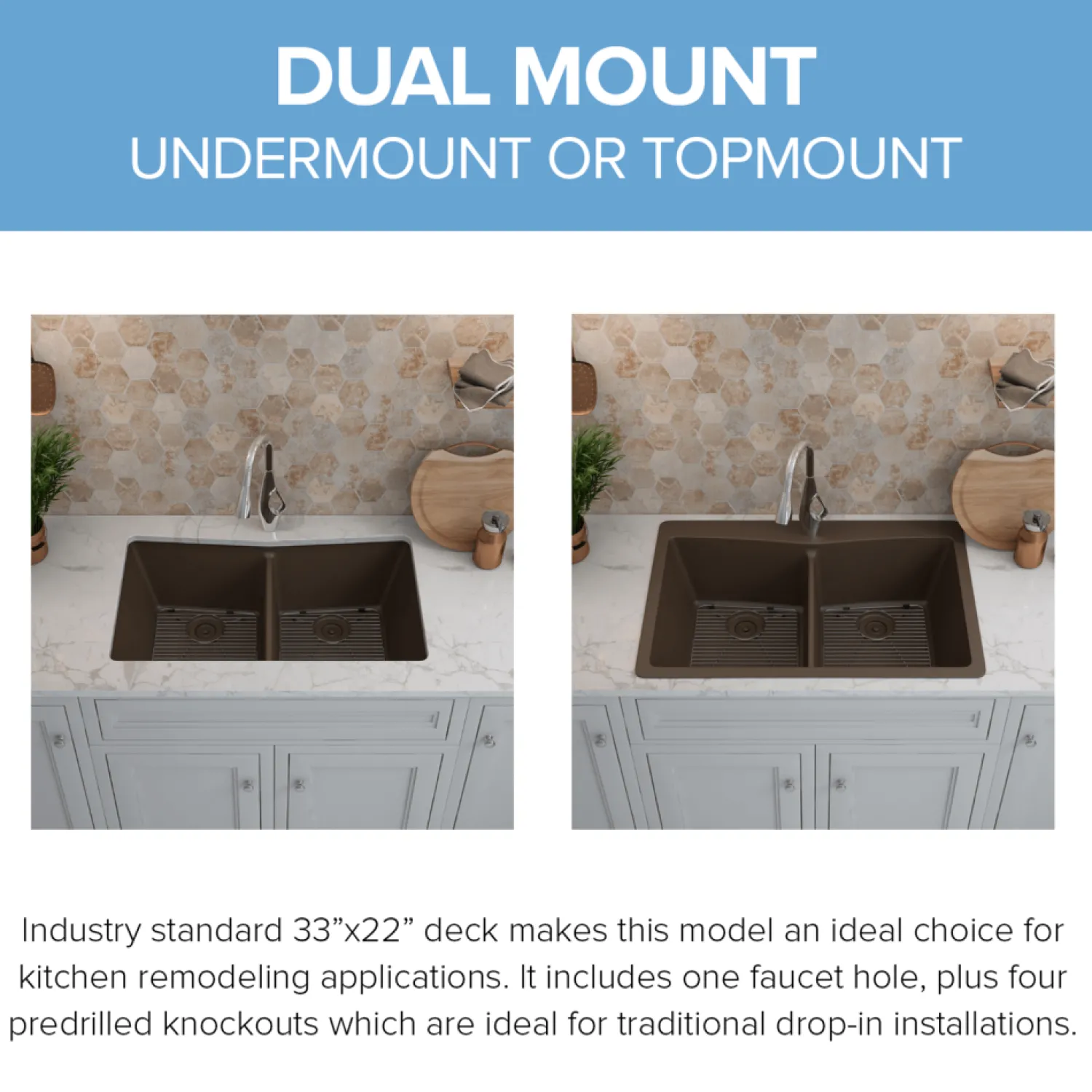 Best 33" Double Bowl 50/50 Dual Mount Quartz Composite Sink Drop-In / Top Mount Sinks|Double Bowl Sinks