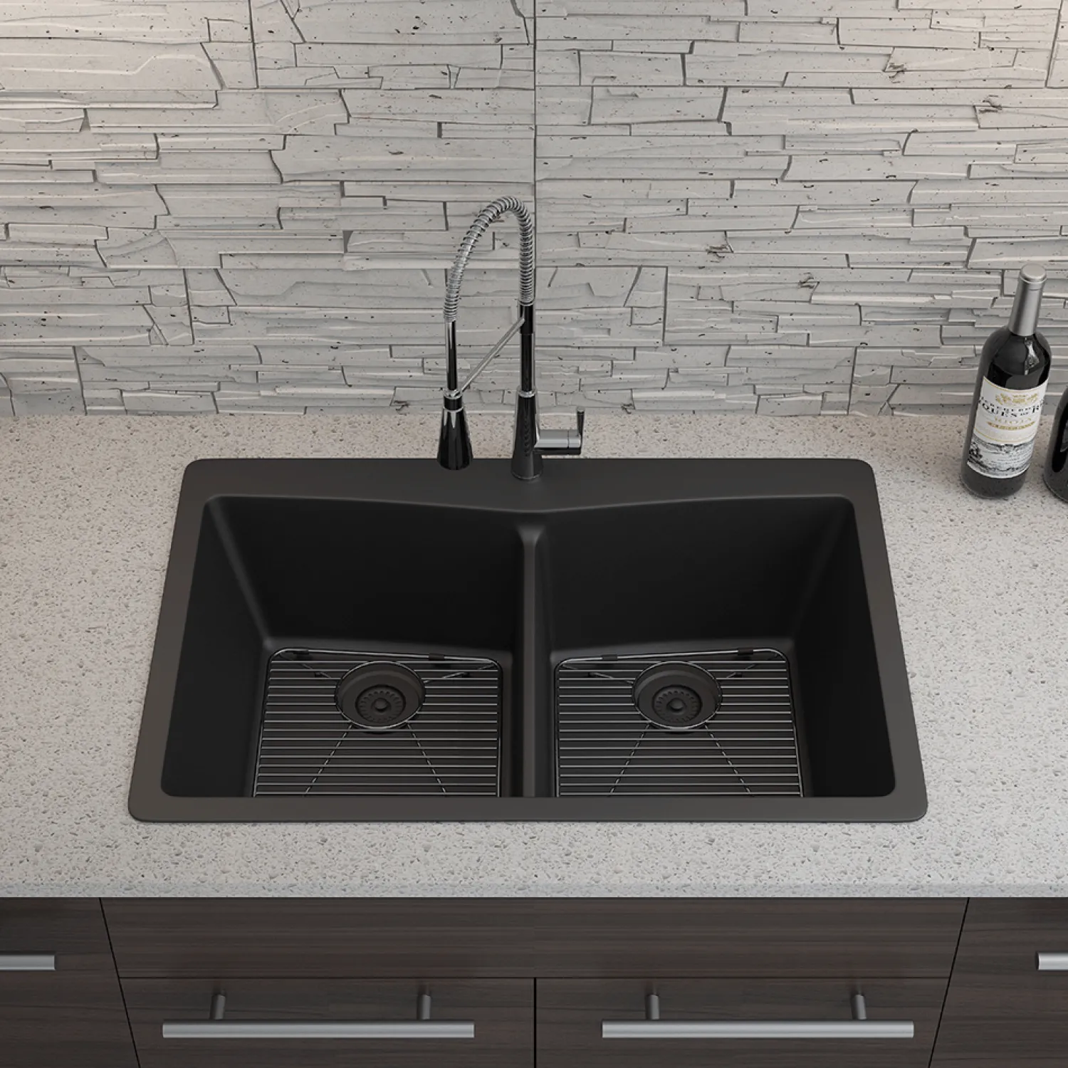 Best 33" Double Bowl 50/50 Dual Mount Quartz Composite Sink Drop-In / Top Mount Sinks|Double Bowl Sinks