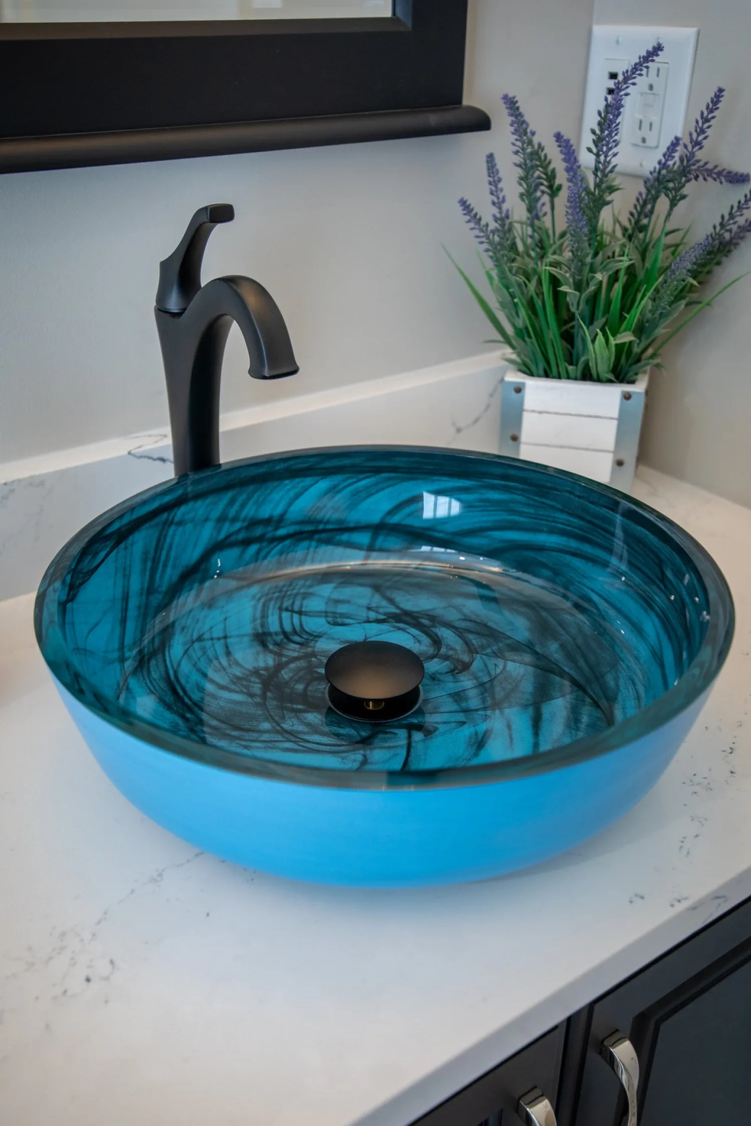 Clearance Blue Mist Flat Bottom Glass Vessel Sink Above Counter / Vessel Sinks