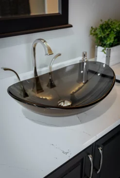Best Dark Gray Canoe Glass Vessel Sink Above Counter / Vessel Sinks