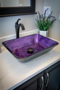 Clearance Rectangular Purple Foil Glass Vessel Sink with Black Exterior Above Counter / Vessel Sinks