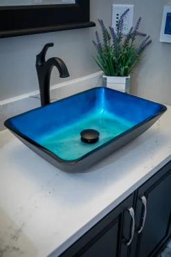 Rectangular Turquoise Blue Foil Glass Vessel Sink with Black Exterior Above Counter / Vessel Sinks