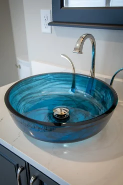 Sale Transparent Dark Blue Mist Flat Bottom Glass Vessel Sink Above Counter / Vessel Sinks