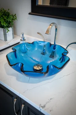 Clearance Wave Rim Blue Glass Vessel Sink Above Counter / Vessel Sinks