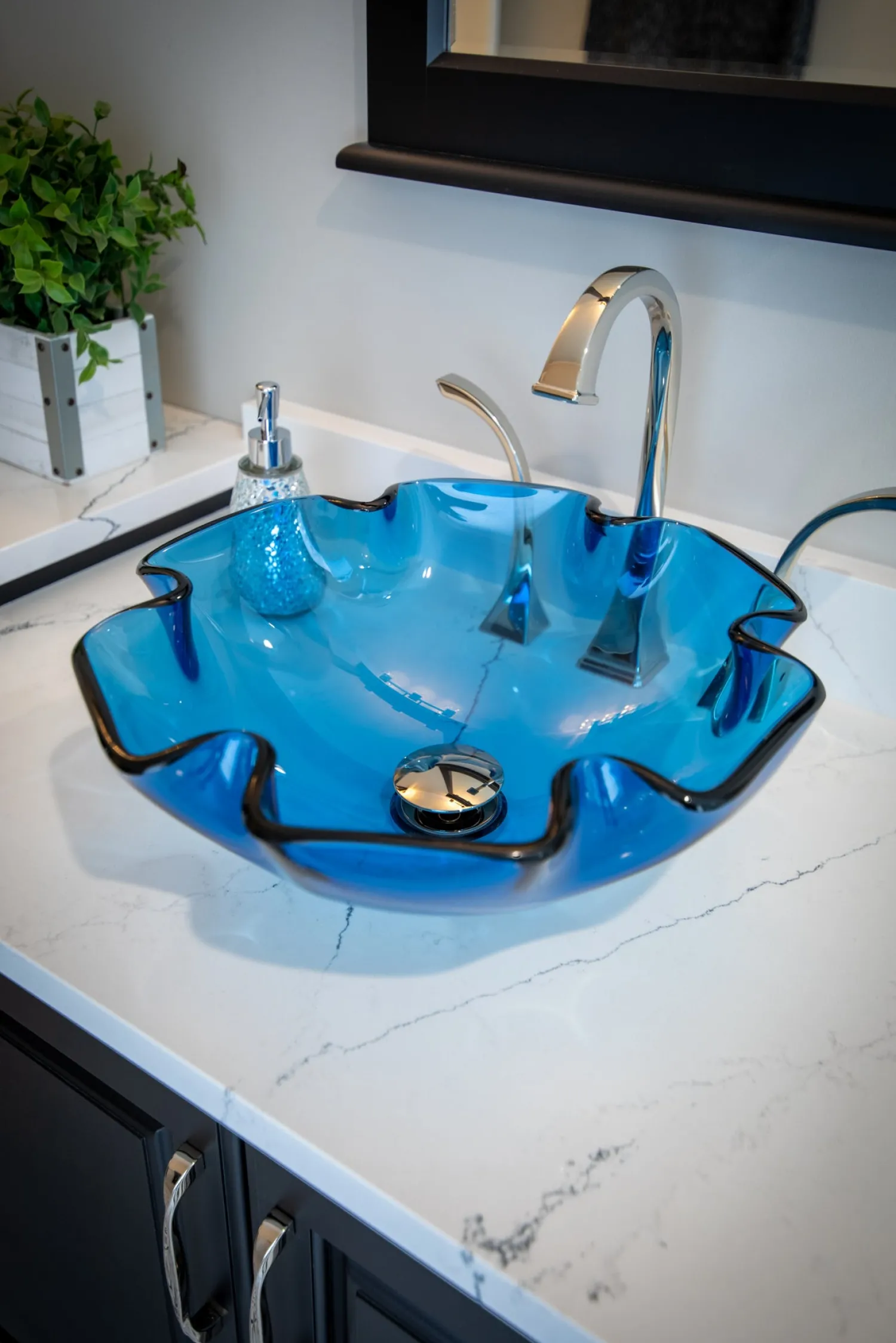 Clearance Wave Rim Blue Glass Vessel Sink Above Counter / Vessel Sinks