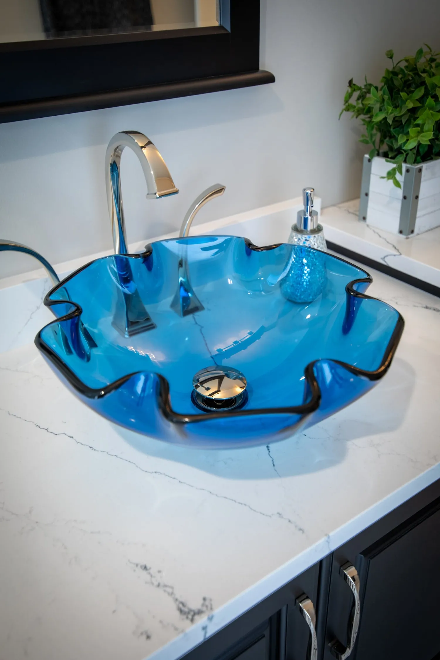 Clearance Wave Rim Blue Glass Vessel Sink Above Counter / Vessel Sinks