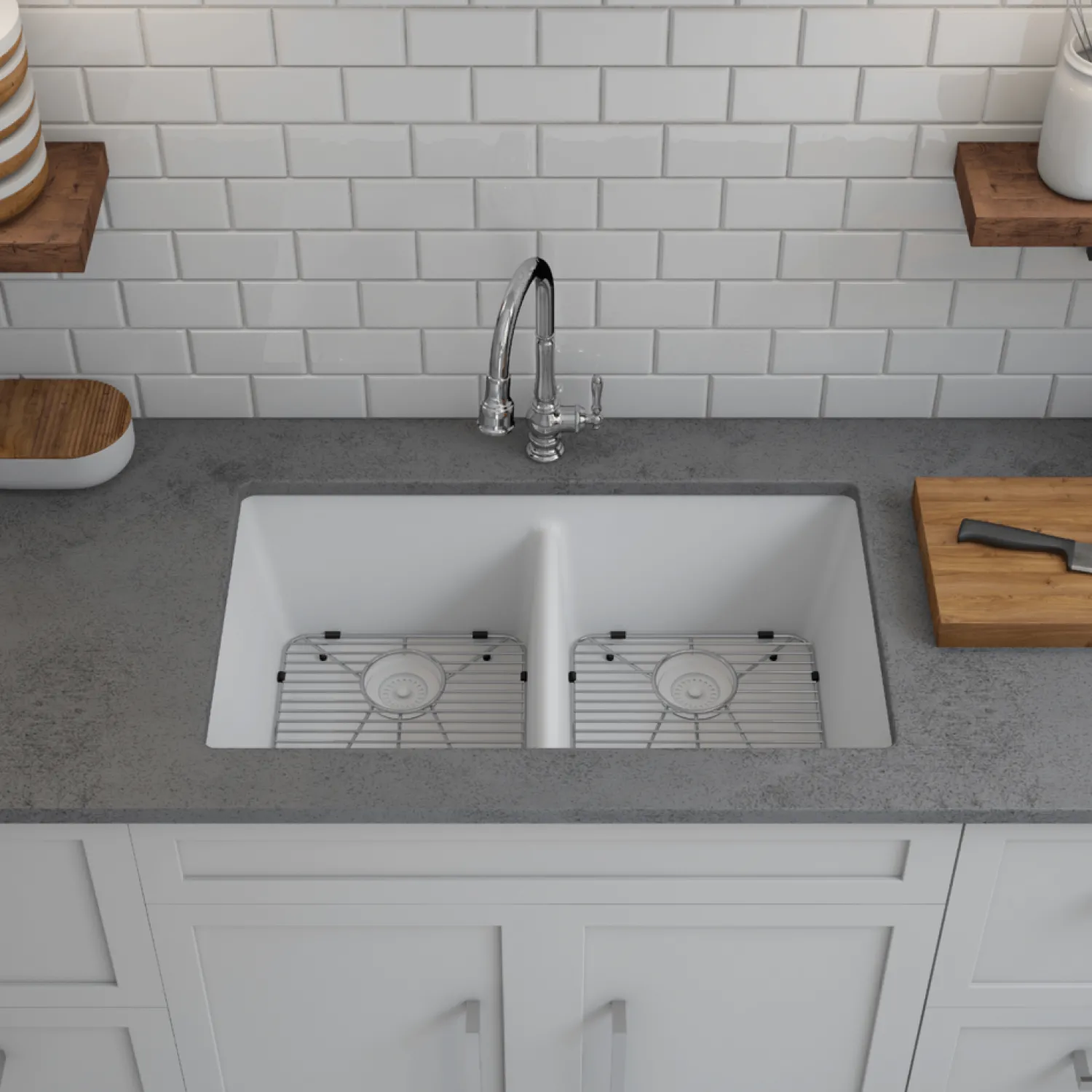 Discount 32" Equal Double Bowl Quartz Composite Sink Drop-In / Top Mount Sinks|Double Bowl Sinks