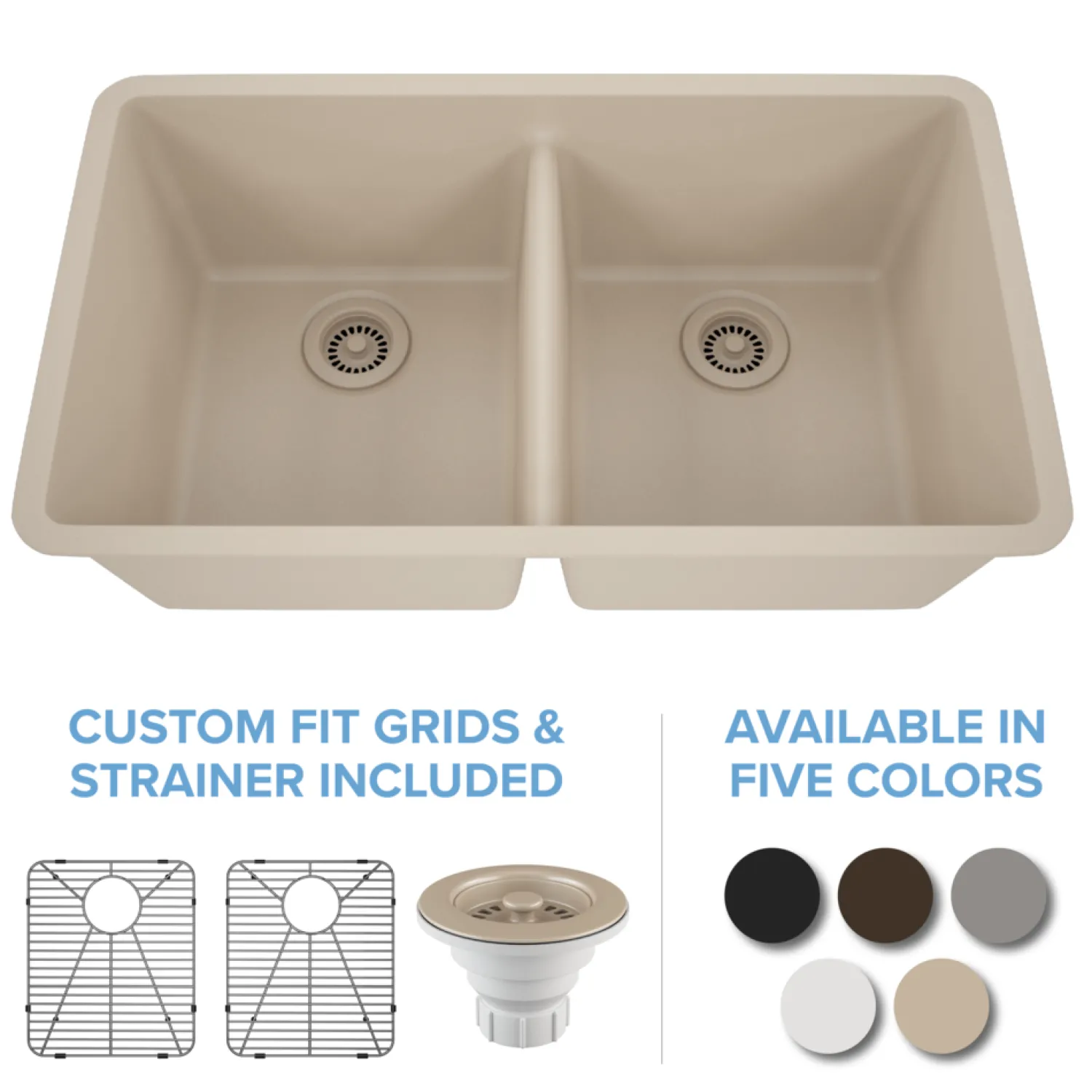 Discount 32" Equal Double Bowl Quartz Composite Sink Drop-In / Top Mount Sinks|Double Bowl Sinks