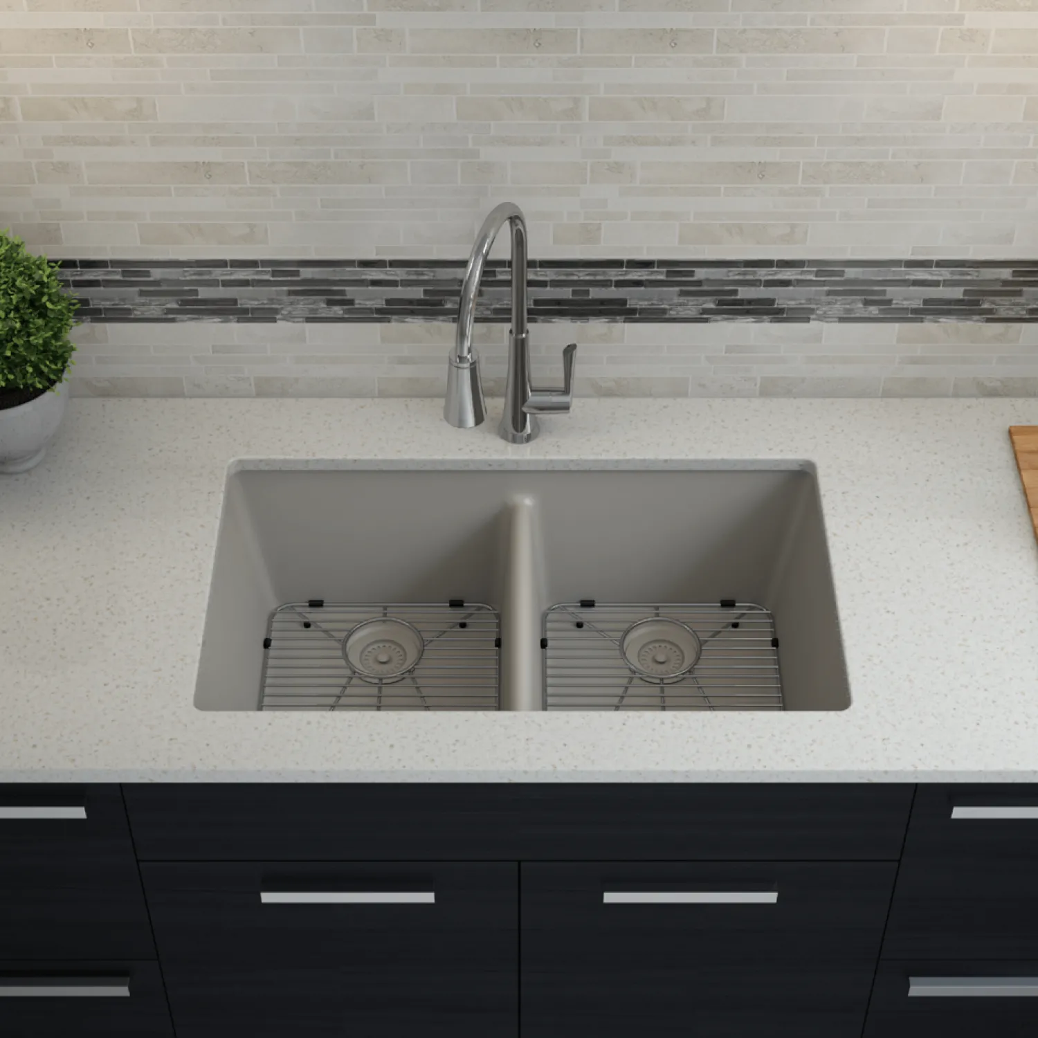 Discount 32" Equal Double Bowl Quartz Composite Sink Drop-In / Top Mount Sinks|Double Bowl Sinks