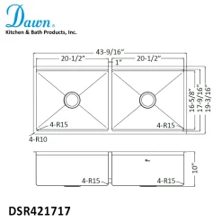 Sale Extra Large 44" Workstation Equal Double Bowl Kitchen Sink with Small Radius Corners Workstation Sinks|Double Bowl Sinks