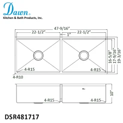 Clearance Extra Large 48" Workstation Equal Double Bowl Kitchen Sink with Small Radius Corners Workstation Sinks|Double Bowl Sinks