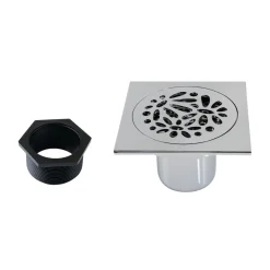 Clearance Floral 4" Brass Square Grid Shower Drain with Flange and Hair Trap Shower Drains
