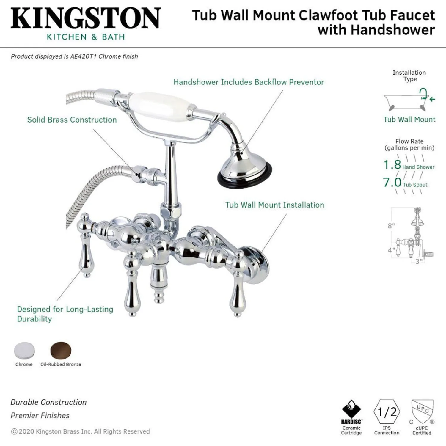 Online AE419TX-P Aqua Vintage 3-3/8-Inch Adjustable Wall Mount Clawfoot Tub Faucet with Hand Shower Tub Faucets