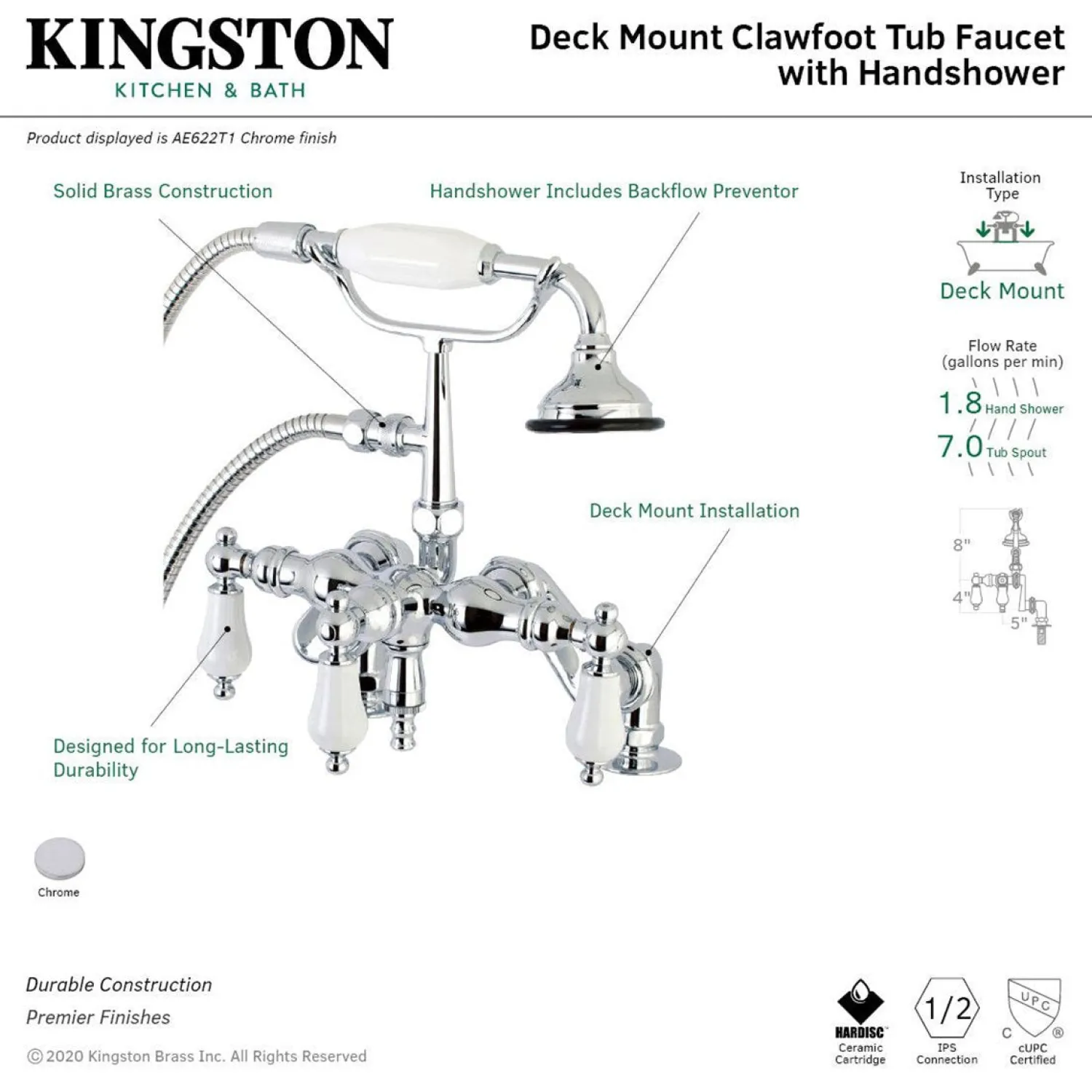 Online AE621TX-P Aqua Vintage 3-3/8-Inch Adjustable Deck Mount Tub Faucet with Hand Shower in Polished Chrome Tub Faucets