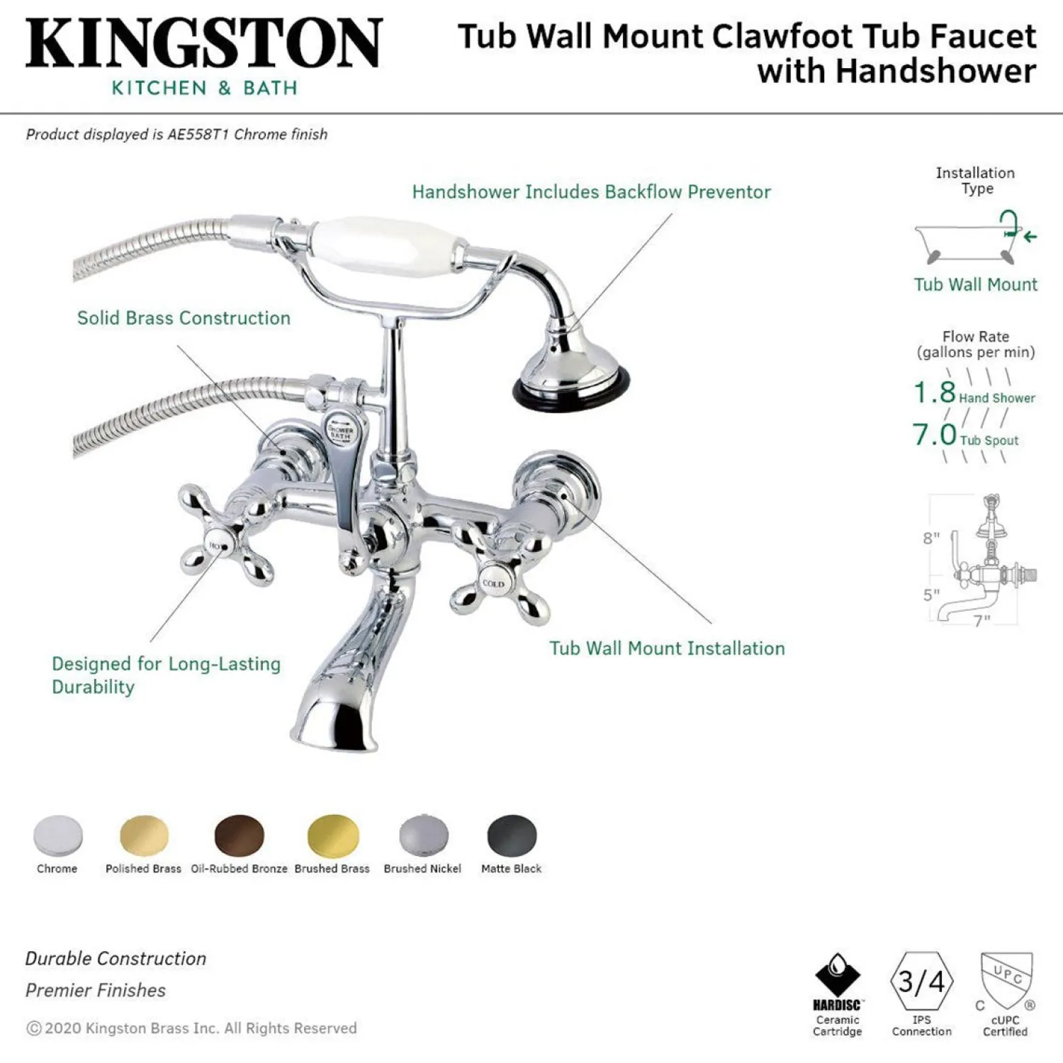 Discount AE557TX-P Aqua Vintage 7-Inch Wall Mount Tub Faucet with Hand Shower Tub Faucets