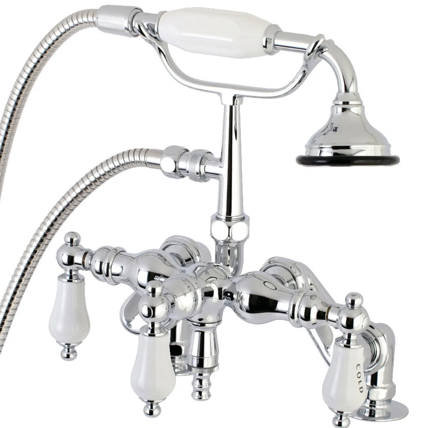 Discount Aqua Vintage 3-3/8" Adjustable Deck Mount Tub Faucet with Hand Shower in Polished Chrome Tub Faucets