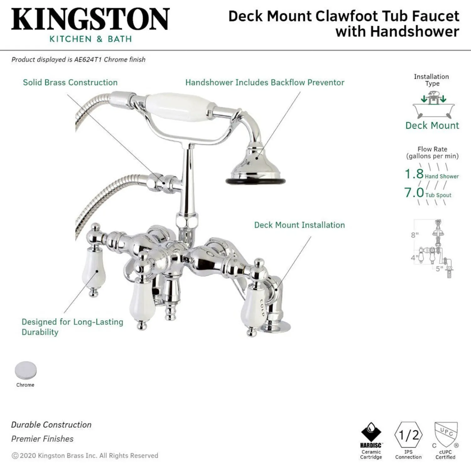 Discount Aqua Vintage 3-3/8" Adjustable Deck Mount Tub Faucet with Hand Shower in Polished Chrome Tub Faucets