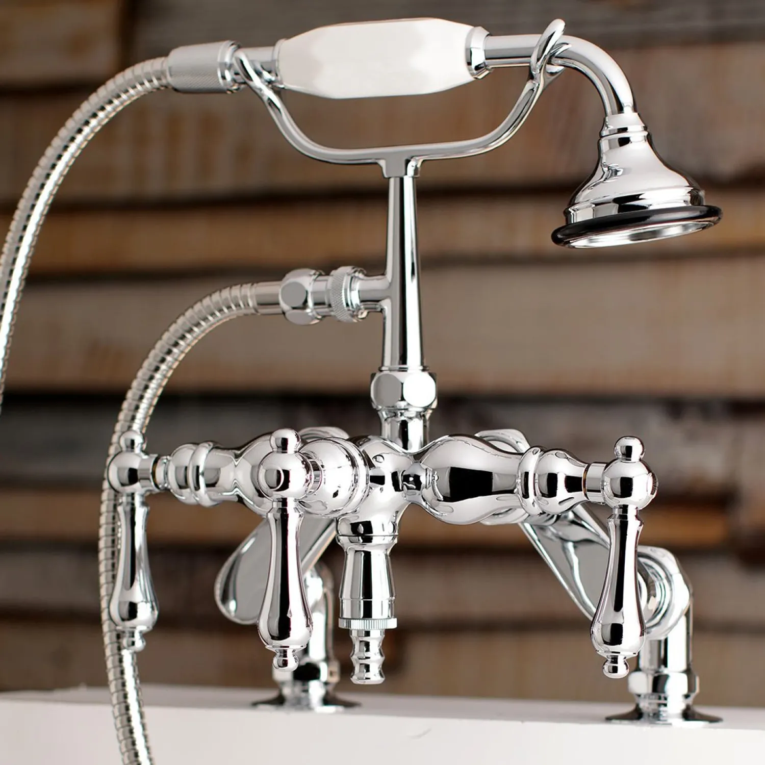 Outlet Aqua Vintage 3-3/8-Inch Adjustable Deck Mount Tub Faucet with Hand Shower in Polished Chrome Tub Faucets