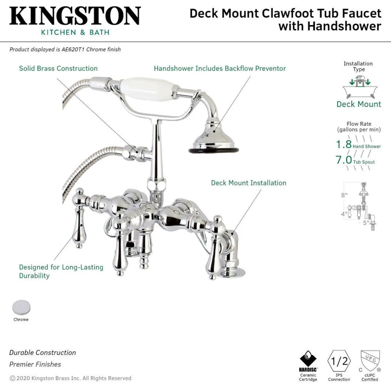 Outlet Aqua Vintage 3-3/8-Inch Adjustable Deck Mount Tub Faucet with Hand Shower in Polished Chrome Tub Faucets