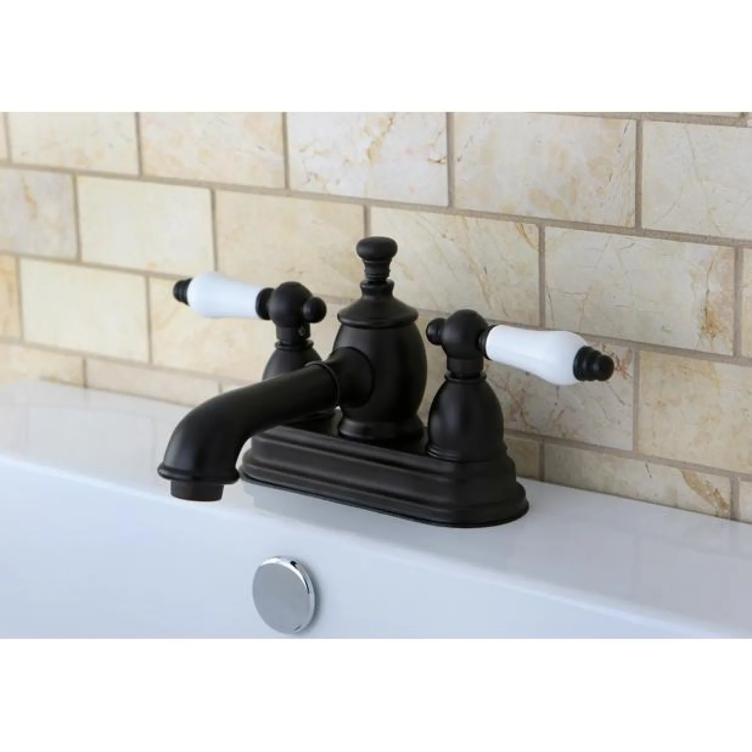 Discount 4" Centerset Lavatory Faucet with Heritage Spout and Porcelain Lever Handle 4" Center Set