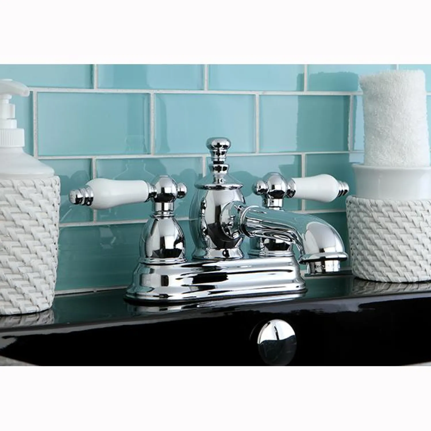 Discount 4" Centerset Lavatory Faucet with Heritage Spout and Porcelain Lever Handle 4" Center Set