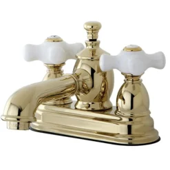 Hot 4" Centerset Lavatory Faucet with Heritage Spout and Porcelain Cross Handle 4" Center Set