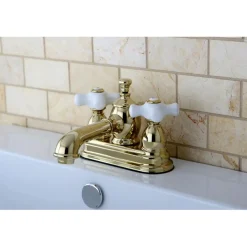 Hot 4" Centerset Lavatory Faucet with Heritage Spout and Porcelain Cross Handle 4" Center Set