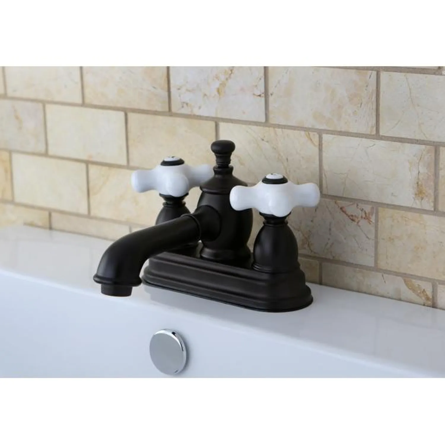 Hot 4" Centerset Lavatory Faucet with Heritage Spout and Porcelain Cross Handle 4" Center Set