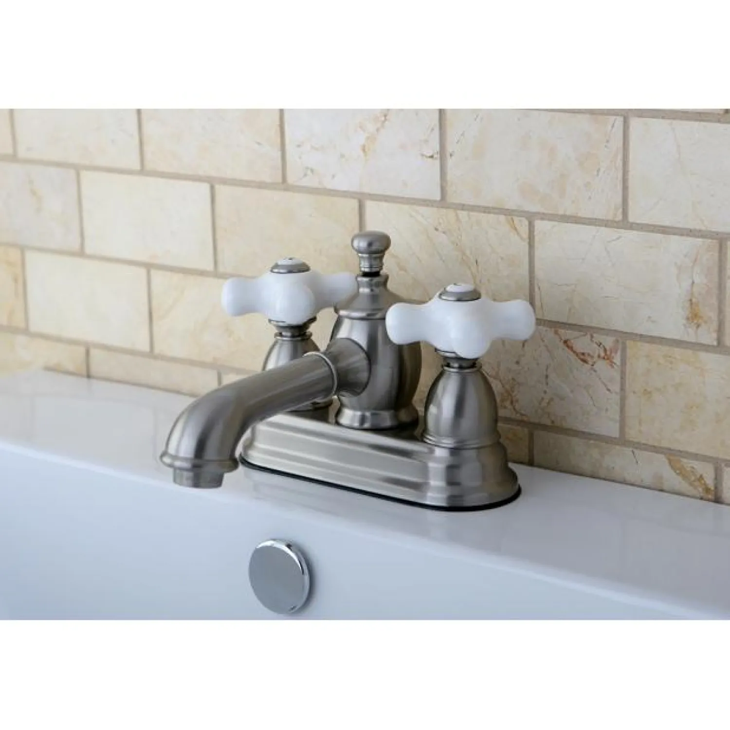 Hot 4" Centerset Lavatory Faucet with Heritage Spout and Porcelain Cross Handle 4" Center Set