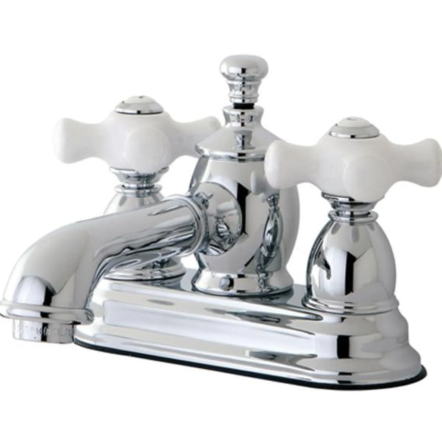 Hot 4" Centerset Lavatory Faucet with Heritage Spout and Porcelain Cross Handle 4" Center Set