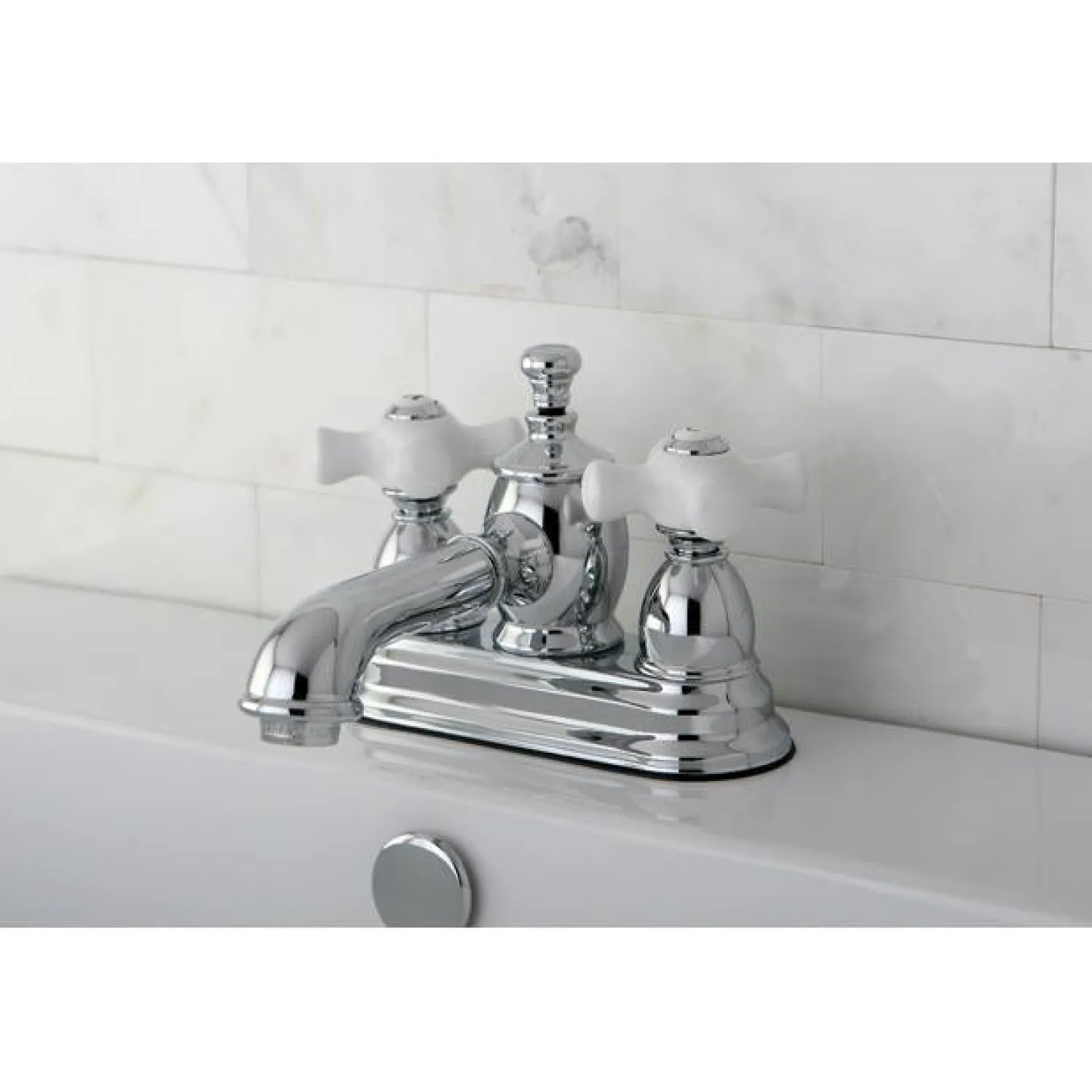Hot 4" Centerset Lavatory Faucet with Heritage Spout and Porcelain Cross Handle 4" Center Set