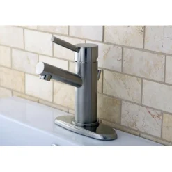 Discount Concord Single Handle 4" Centerset Lavatory Faucet with Brass Pop-up and Optional Deck Plate in Satin Nickel 4" Center Set