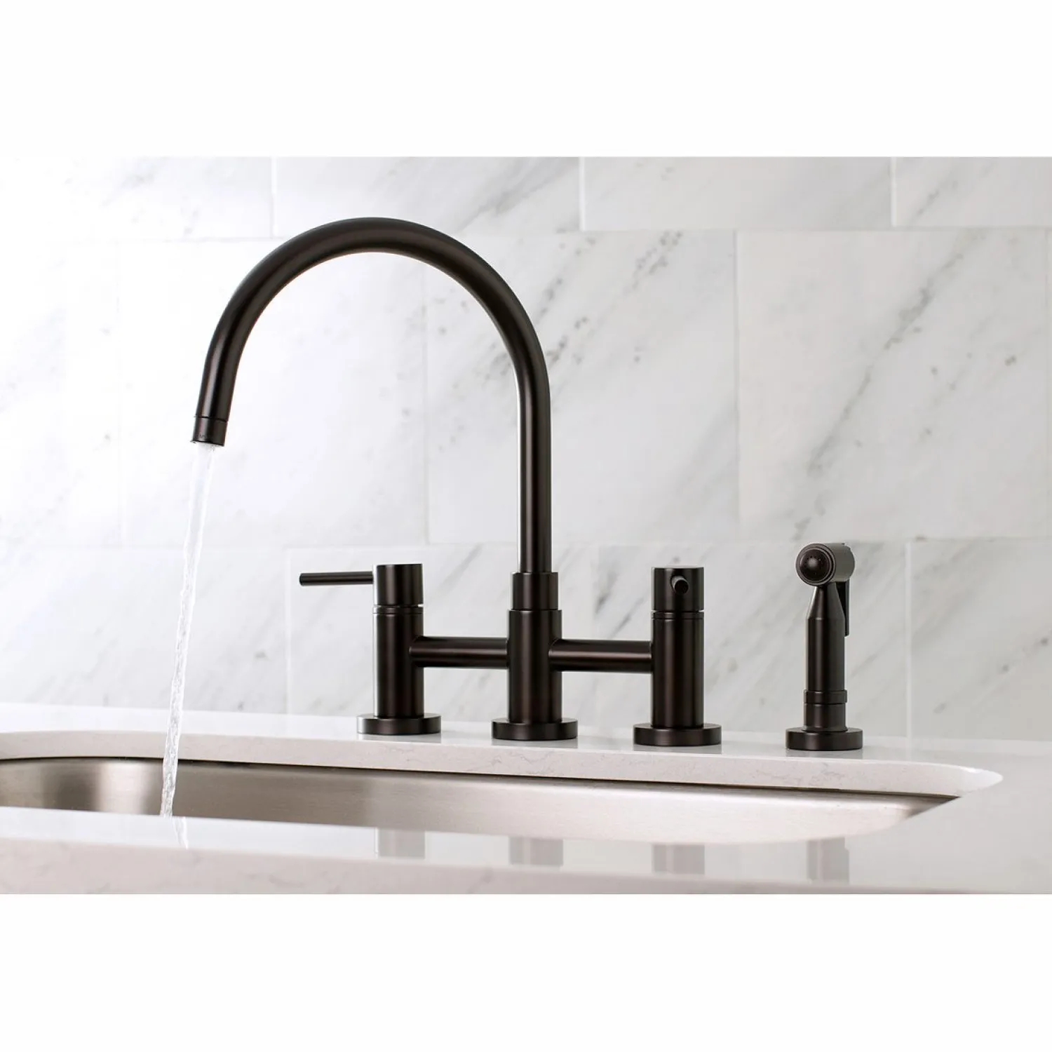 New Concord Two-Handle 4-Hole Bridge Kitchen Faucet with Brass Side Sprayer Faucets With Side Spray|Bridge Faucets