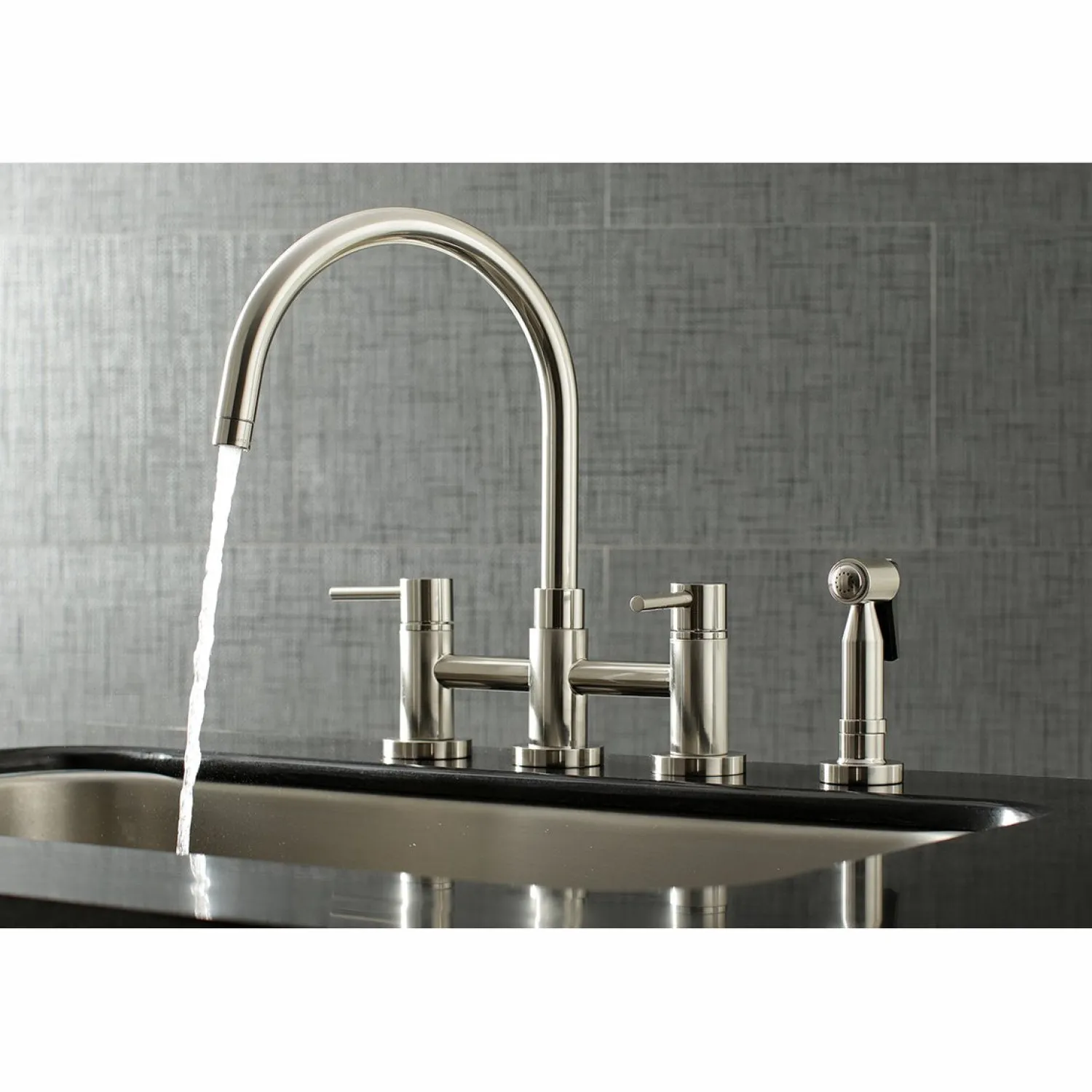 New Concord Two-Handle 4-Hole Bridge Kitchen Faucet with Brass Side Sprayer Faucets With Side Spray|Bridge Faucets
