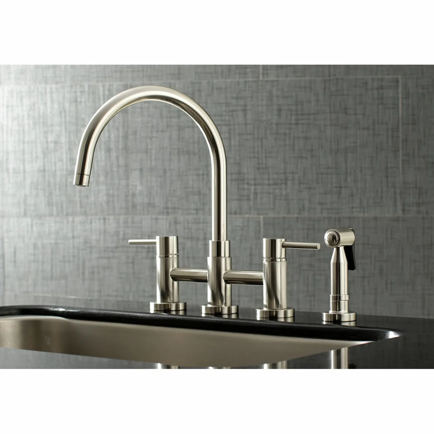 New Concord Two-Handle 4-Hole Bridge Kitchen Faucet with Brass Side Sprayer Faucets With Side Spray|Bridge Faucets