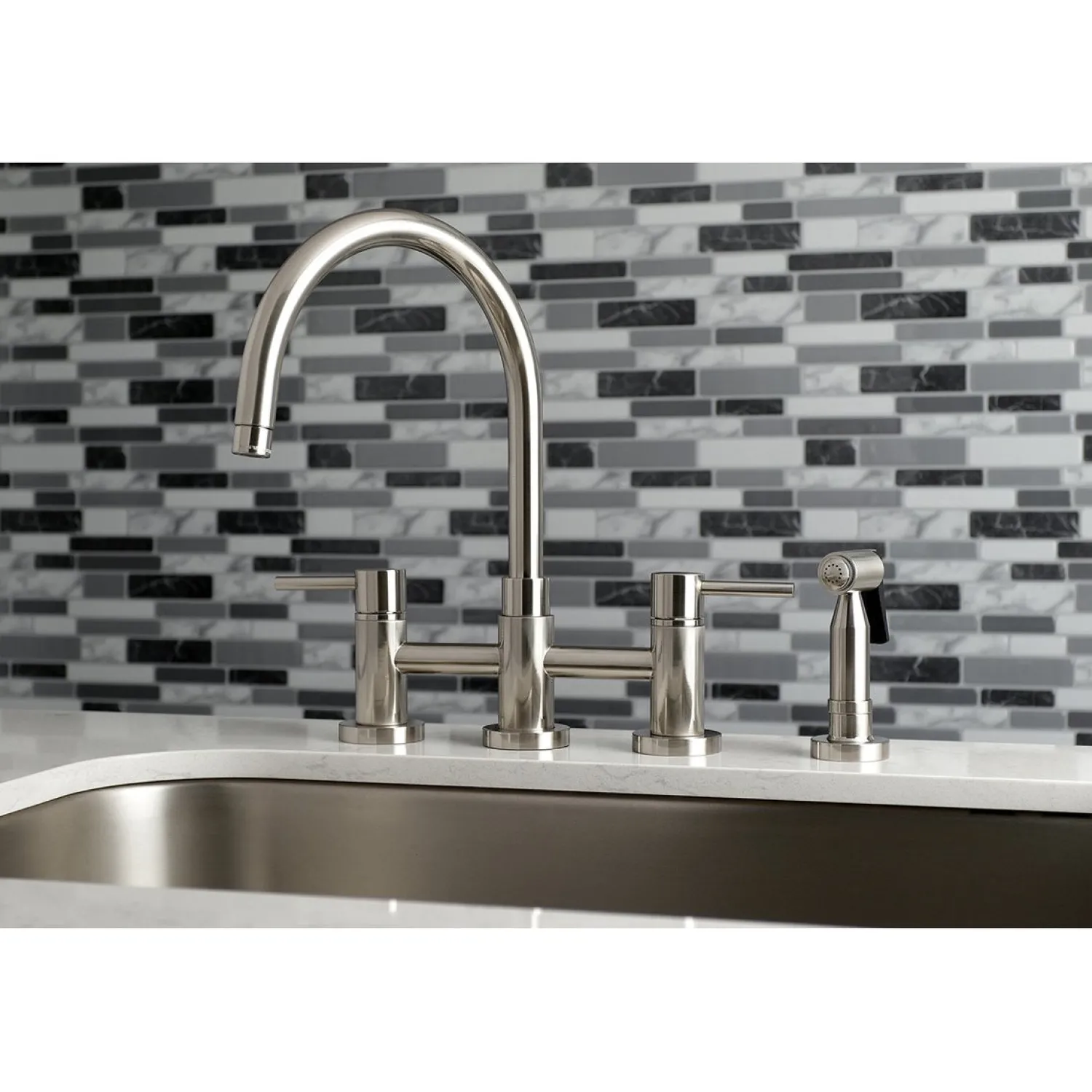 New Concord Two-Handle 4-Hole Bridge Kitchen Faucet with Brass Side Sprayer Faucets With Side Spray|Bridge Faucets