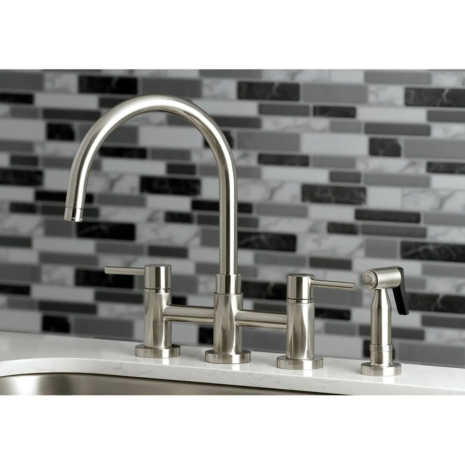 New Concord Two-Handle 4-Hole Bridge Kitchen Faucet with Brass Side Sprayer Faucets With Side Spray|Bridge Faucets